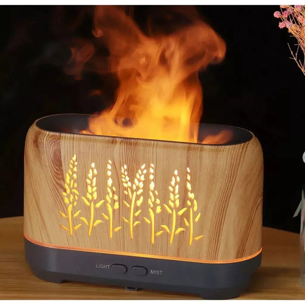Difusor de Aromas e Umidificador com Efeito Chama – Design Madeira com LED